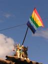 A common sight in PeruÂ´s Sacred Valley. No, this rainbow flag is not the Gay Pride Flag but rather the Arco Iris (Rainbow) Flag representing the Inca.
